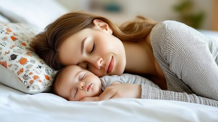 Young caucasian mother and her newborn baby rest together peacefully on a bed, faces gently touching as they sleep. A tender and intimate moment of bonding and maternal love in a serene home setting