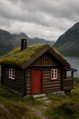 Scenic view of a classic wooden Norwegian hytte with a green grass roof, red door, and stone chimney nestled in a peaceful mountain valley near a lake under a cloudy sky.