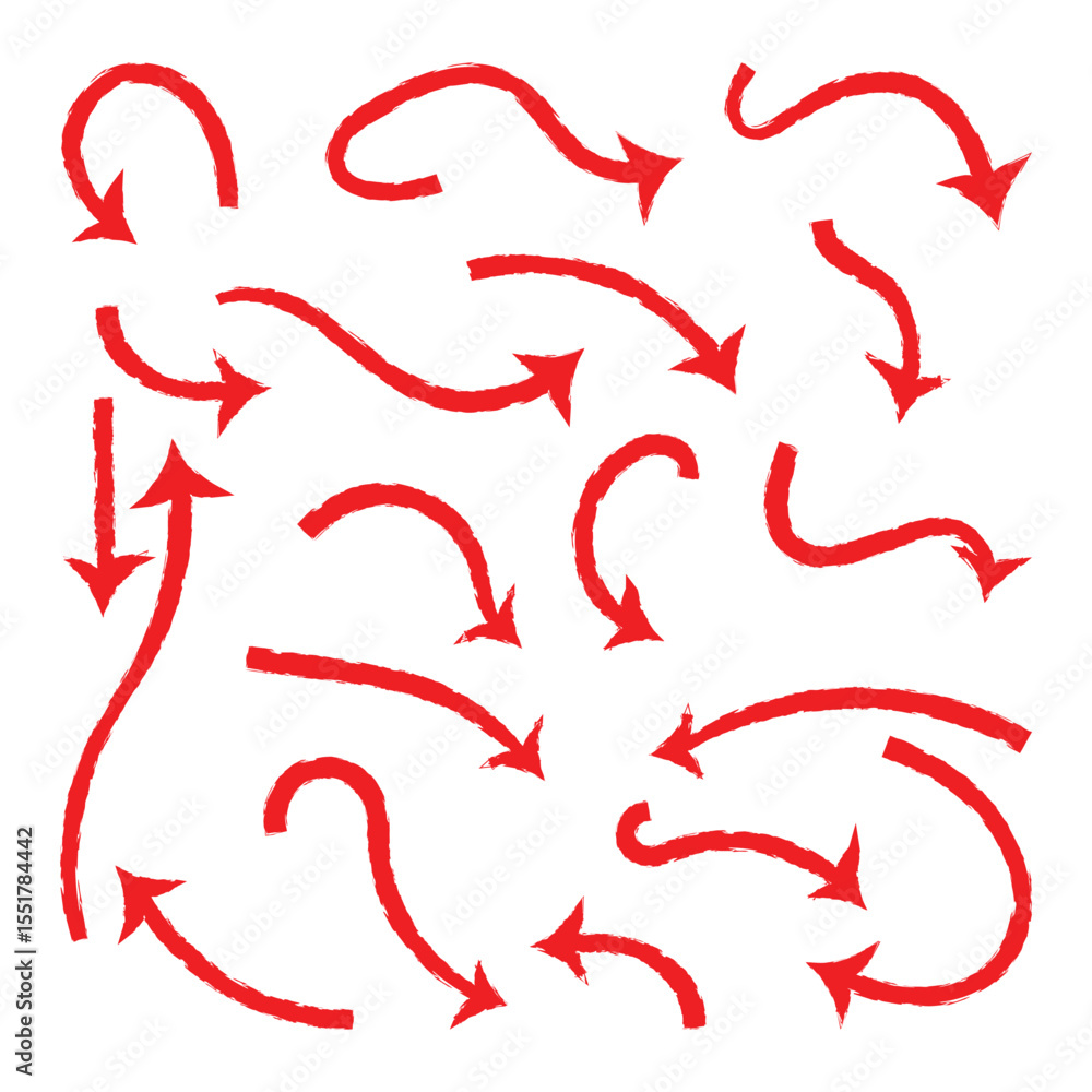 Poster red crayon arrow doodles collection - hand sketched curved lines, round swirls, pointers. artistic s