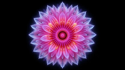 Fiber Optic Flower with vivid pink radial symmetry, glowing mandala-style pattern with soft highlights