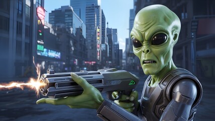 An alien in futuristic environment holds a weapon