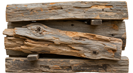 Isolated Stack of Rustic Weathered Timber Planks on Transparent Background