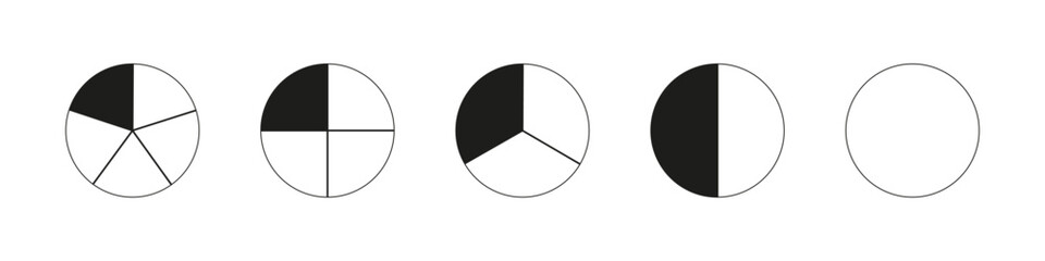 Circle division on from 1 to 5 equal parts. Round divided diagrams with from one to five segments. Coaching blanks. Infographic patterns. Pizza, pie charts set. Segmented pinwheel. Outline graphics.