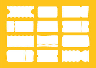 Ticket set. Admit one tickets. Vintage, retro ticket concert, festival event, movie theatre simple coupons. Empty minimal template. Printable, digital samples icons. Ticket patterns. Blank background.