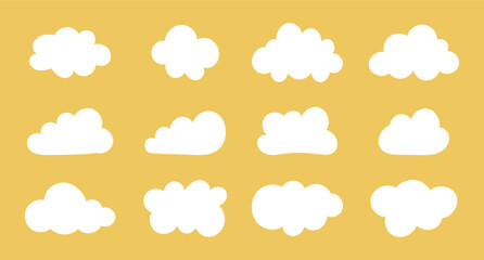 Flat clouds. Weather elements minimalist templates. Fluffy clouds. Puffy, cumulus clouds. Objects cloudscape. Cloudy forms patterns. Hand drawn white cute samples.