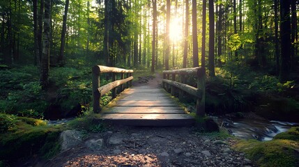 Obraz premium Serene Wooden Bridge over Stream in Lush Green Forest Setting