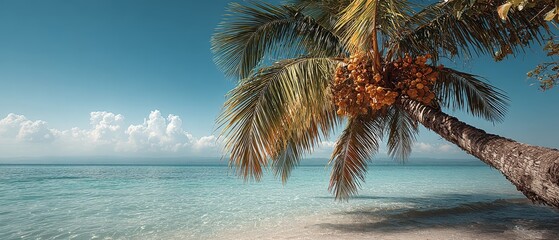 Tropical coconut palm leaning over turquoise sea for exotic vacation, summer travel, paradise beach, relaxation and getaway promotion, banner