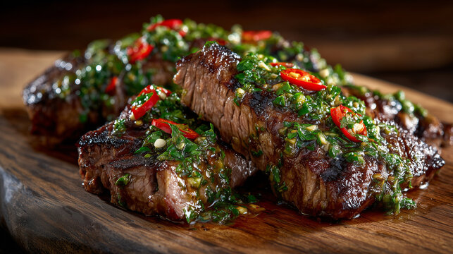 Sizzling slices of grilled tri-tip steak resting on a wooden serving board, glossy green chimichurri drizzled generously, bright red chili slices creating a bold contrast, styled f