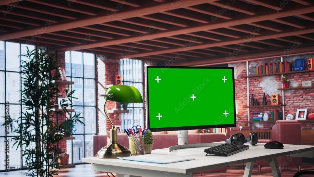 Poster empty apartment loft with computer running isolated mockup screen, modern workstation at home with b