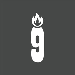 Minimalist Number Nine Candle Icon with Flame on Dark Background