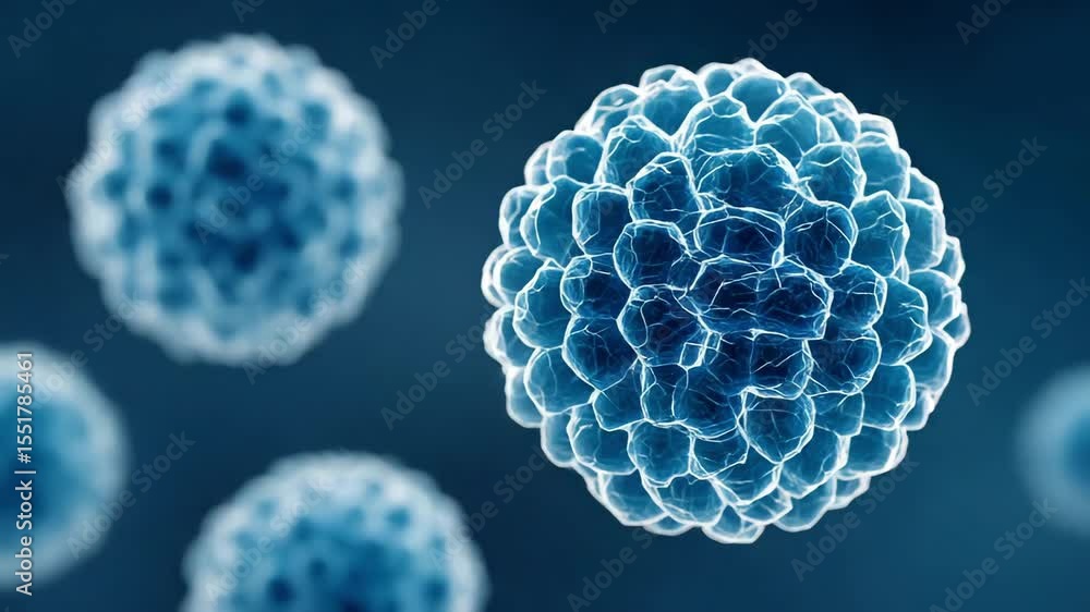 Poster blue virus particle microscopic hexagonal biology structure floating in dark background space