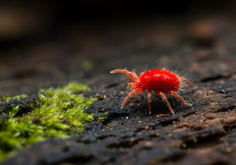 Vibrant Red Velvet Mite on Moss