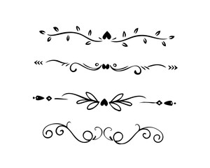 Text dividers doodle set. Wedding decorative elements. Divider ornament, borders, vintage line separators. Hand drawn vector illustration isolated on white background