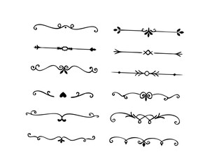 Obraz premium Text dividers doodle set. Wedding decorative elements. Divider ornament, borders, vintage line separators. Hand drawn vector illustration isolated on white background