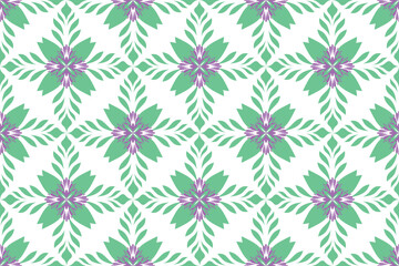 Green flower pattern with purple accents and symmetrical leaf design creating fresh and elegant seamless background