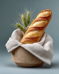 Baguette on Linen Cloth with Wheat Sprigs