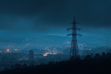 Blackout in Spain and Portugal shows dark cityscape with electricity pylon. European energy crisis. Power outage and infrastructure vulnerability at night. Power outage concept. MZ 