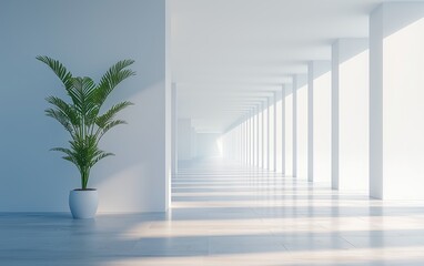 Fototapeta premium Minimalist hallway with potted plant and white columns