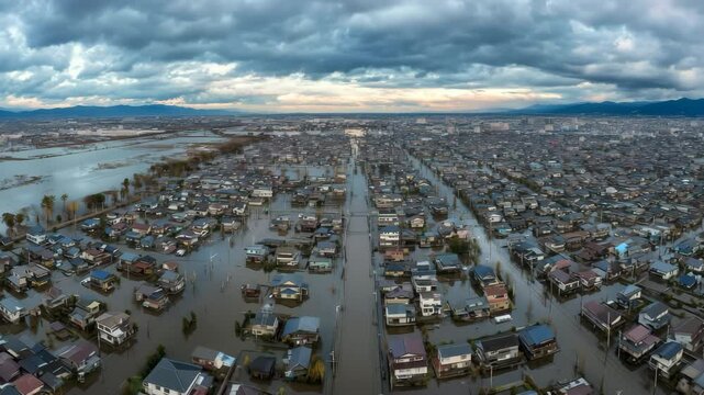 水没した街並みの広域被害と浮かぶ屋根