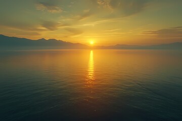 Obraz premium Serene Sunset Over Calm Waters with Majestic Mountain Silhouettes