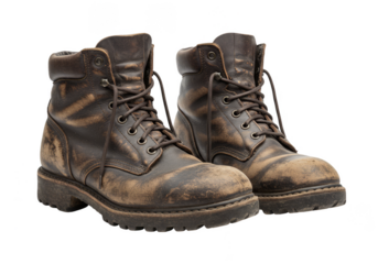 Isolated Transparent Pair of Worn Leather Boots in Brown and Dirty