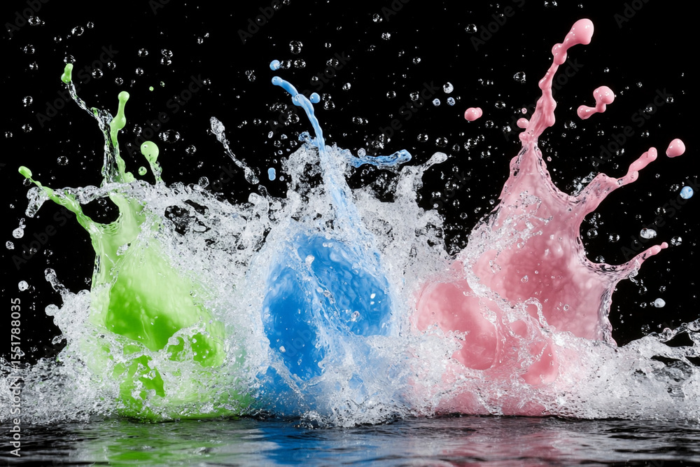 Poster colorful liquid splashes create vibrant patterns in dark backdrop