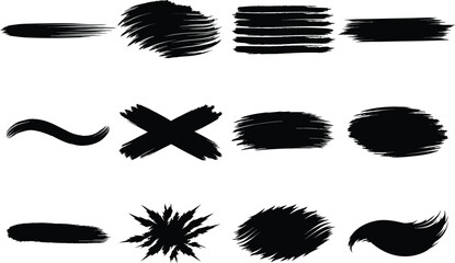 Set of grunge black brush stroke textures and paint smudges for banner design, art elements, or background