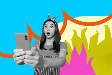 Banner art poster trend collage of minded girl guy stand fire burn doodle deadline pressure...
