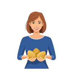Woman holding three potatoes, promoting healthy eating and home cooking.