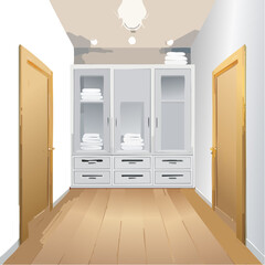 Vector illustration of a walk-in closet with a cabinet and towels.