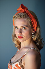 Blonde woman with orange scarf and bold red lipstick.