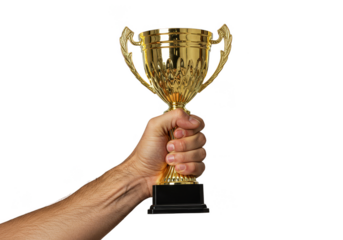 Isolated Transparent Image of Golden Trophy Raised in Hand for Success