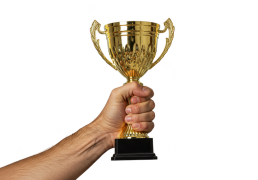 Isolated Transparent Image of Golden Trophy Raised in Hand for Success