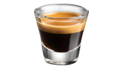 A glass of espresso showcasing rich layers of crema and dark coffee isolated on a white background