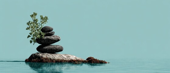 Zen stone stack with green plant on calm water for wellness, inner peace, spa retreat, eco balance and nature therapy visual, banner