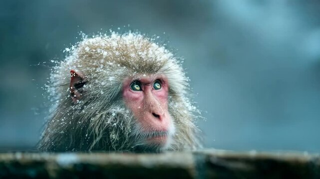 Snow-Covered Japanese Macaque in Winter Steam

