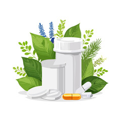 Medical Illustration: Medication Bottles, Pills, and Herbal Accoutrements