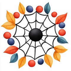 A single cute cobweb with candy caught inside, watercolor illustration, clipart, isolated on pure white background