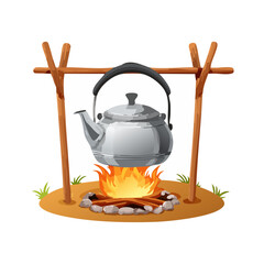 Camping Kettle over Campfire Illustration, Preparing Hot Drink Outdoors