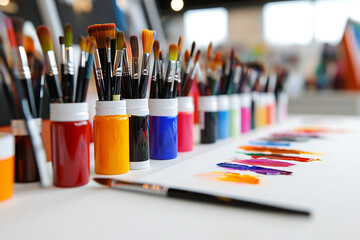 Creative workspace filled with vibrant paints and brushes for art