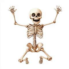 A single cute skeleton dancing joyfully, watercolor illustration, clipart, isolated on pure white background