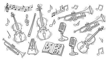 Fototapeta premium Set of hand drawn whimsical illustrations of instruments and sheet music. Doodle drawings of violins, trumpets, musical notes, metronomes, and vintage microphones. Harmonious line art in retro jazz
