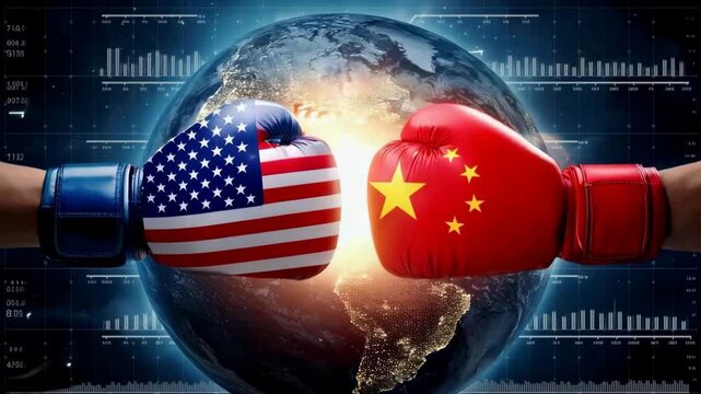 A vivid digital illustration of global economic competition, featuring Earth with superimposed imagery symbolizing U.S.-China relations, surrounded by abstract financial data.