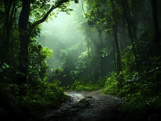 Fototapeta premium Serene Forest Path with Sunlight Filtering Through Green Foliage