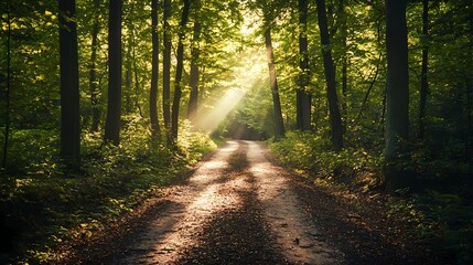Fototapeta premium Serene Forest Pathway with Sunlight Streaming through Trees