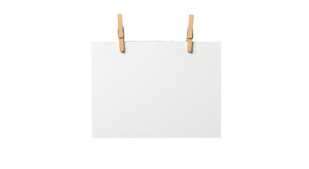 Isolated White Paper Sheet with Clothespins on Transparent Backdrop