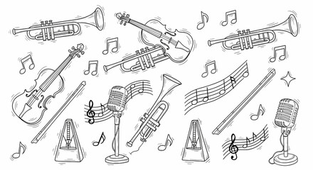 Set of hand drawn whimsical illustrations of instruments and sheet music. Doodle drawings of violins, trumpets, musical notes, metronomes, and vintage microphones. Harmonious line art in retro jazz