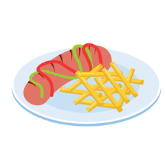 Currywurst mit Pommes isometric concept, Regensburger Wurst vector design, German cuisine symbol, Germany Serving Platter sign, European gastronomy food culture stock illustration