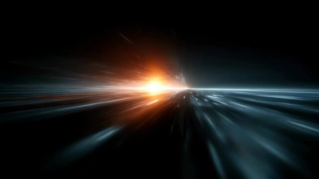 Abstract high-speed motion effect. Futuristic light streaks and glowing horizon create a sense of rapid movement and space travel, evoking innovation and advanced technology.