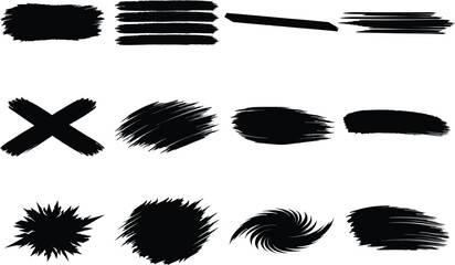 Abstract black brush stroke shapes on white background, hand-drawn ink marks, grunge paint textures, dry brush smears and sketch swatches, bold artistic elements for creative graphic design